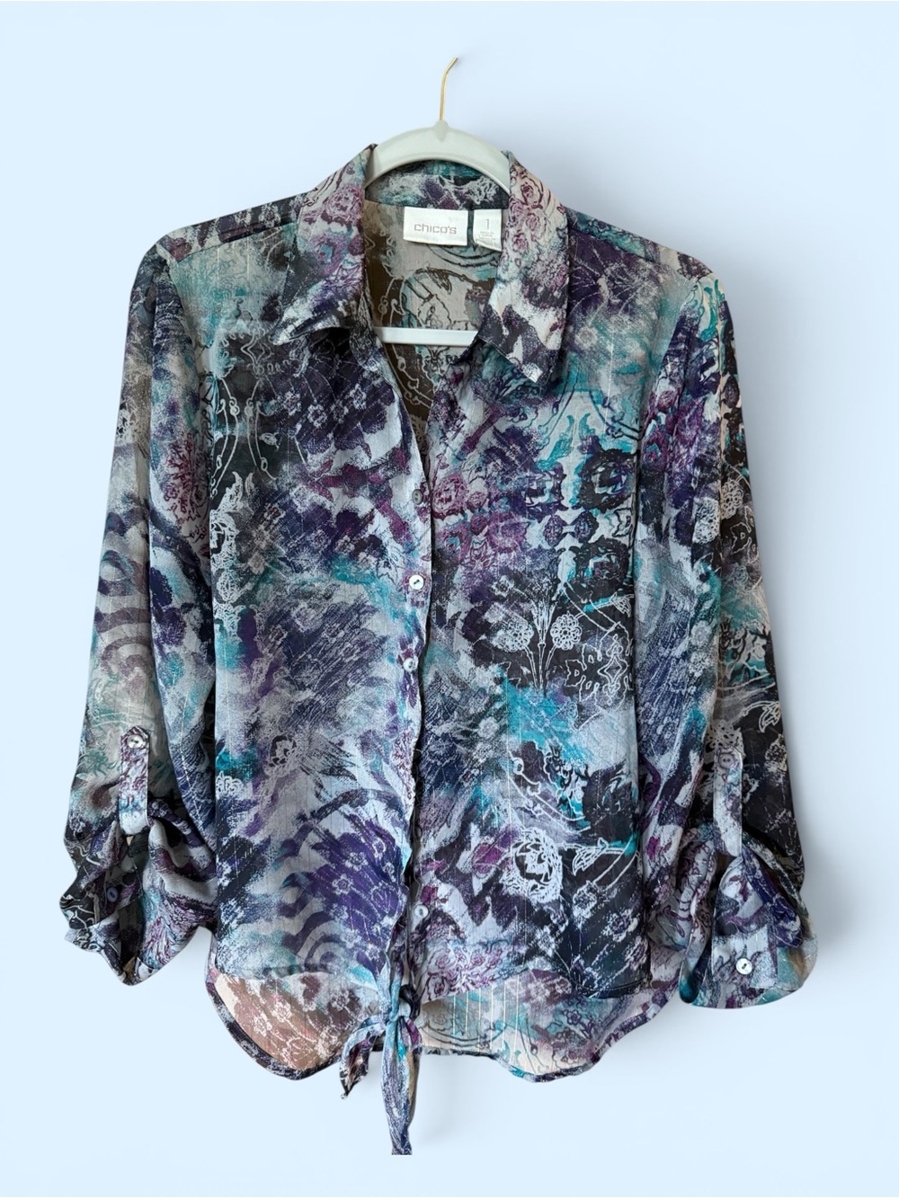 Chico's Blue Teal & Purple Tie-Hem Button-Down Shirt